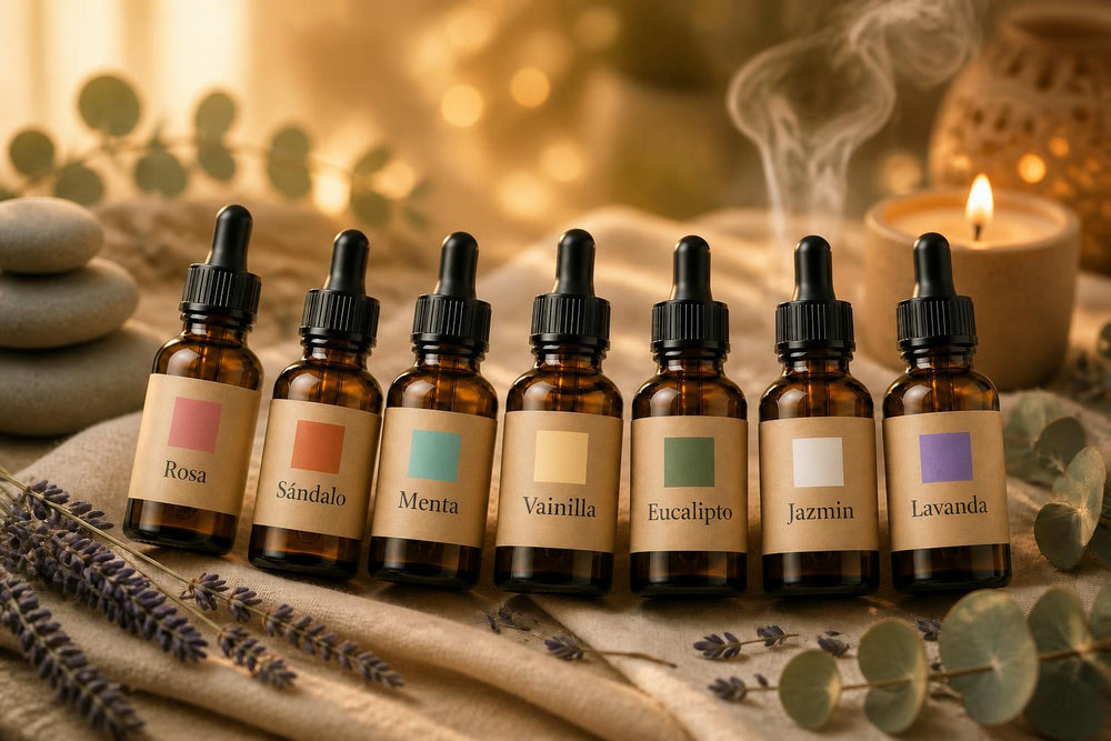 Los 7 aceites esenciales Jappirus en un ambiente espiritual y relajante