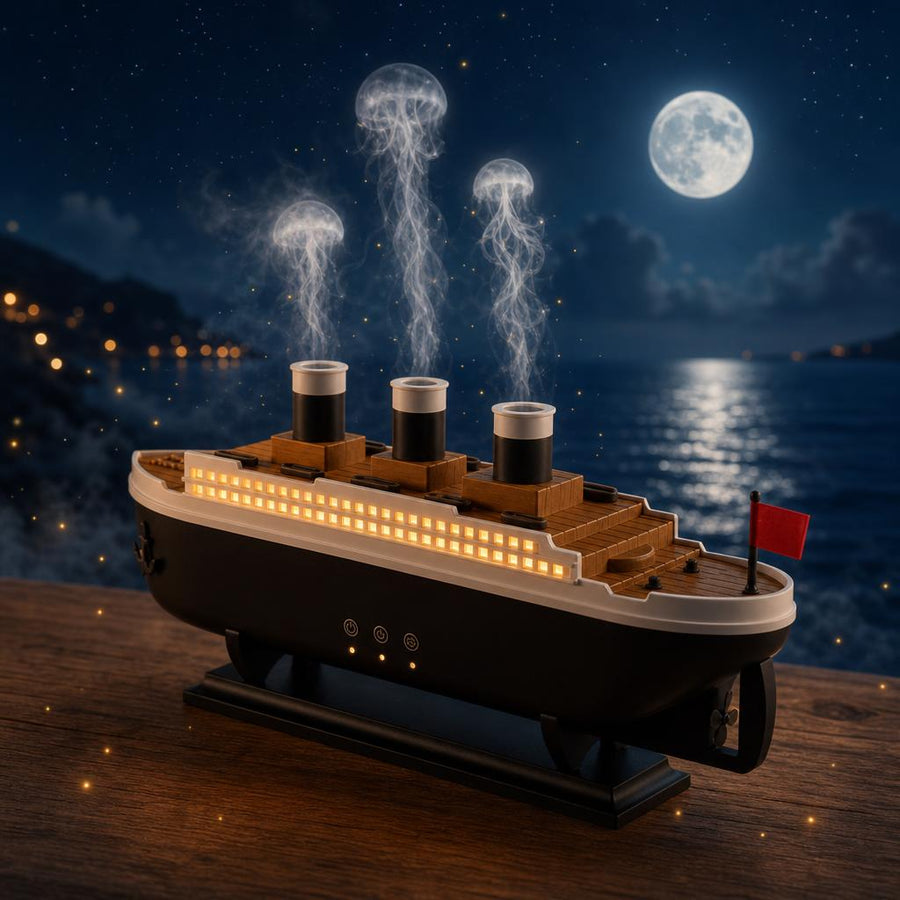 Humidificador Barco Vintage junto al mar de noche con efecto medusa